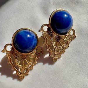 Vintage Style Round Blue Lucite Gold Tone Filagree Estate Earrings